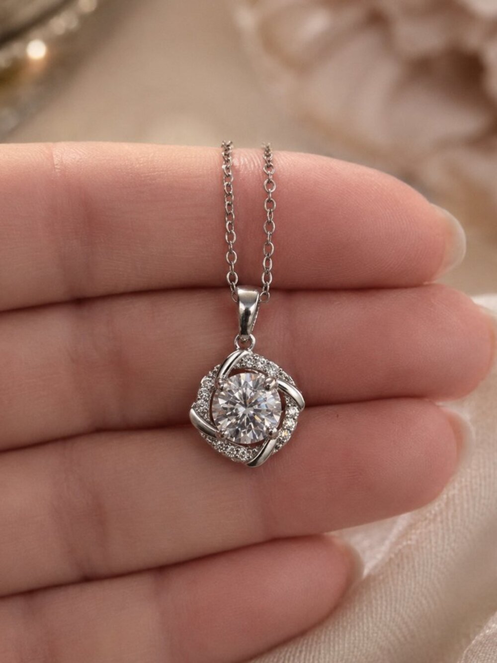 1 Carat Windmill Moissanite Halo 925 Sterling Silver Pendant Necklace - Picture 3 of 5